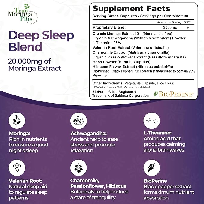 Sleep Support Supplement 10:1 Extract | 20,000mg of Organic Moringa, Chamomile, Passion Flower, Valerian Root, Hibiscus for Relaxation | Natural Sleep Aid for Adults (150 Capsules)