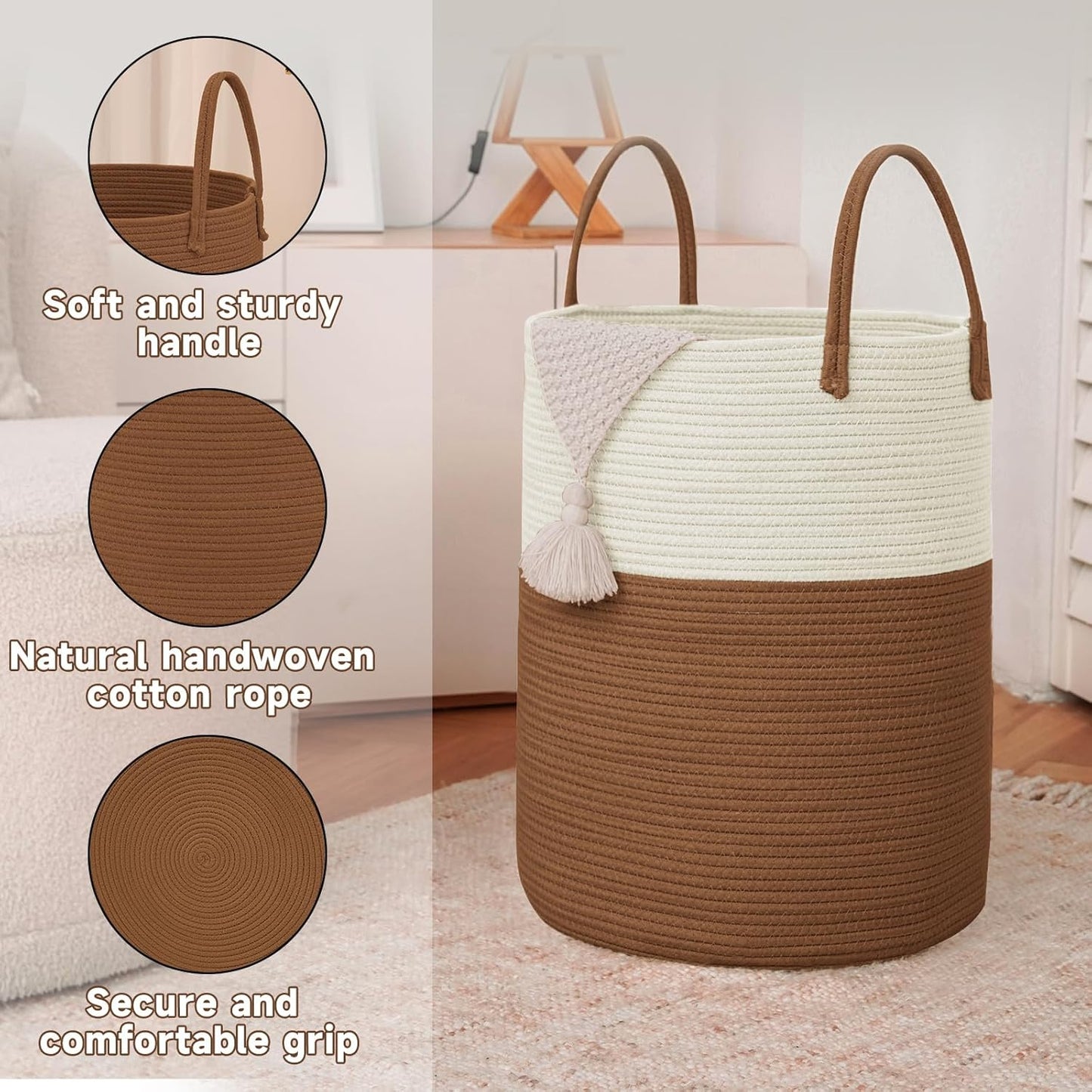 Large Woven Laundry Basket Hamper,80L Cotton Rope Storage Bin for Blankets,Toys and Clothes,Decorative Tall Nursery Hamper for Living Room,Baby Nursery,Bathroom and Bedroom,White and Brown