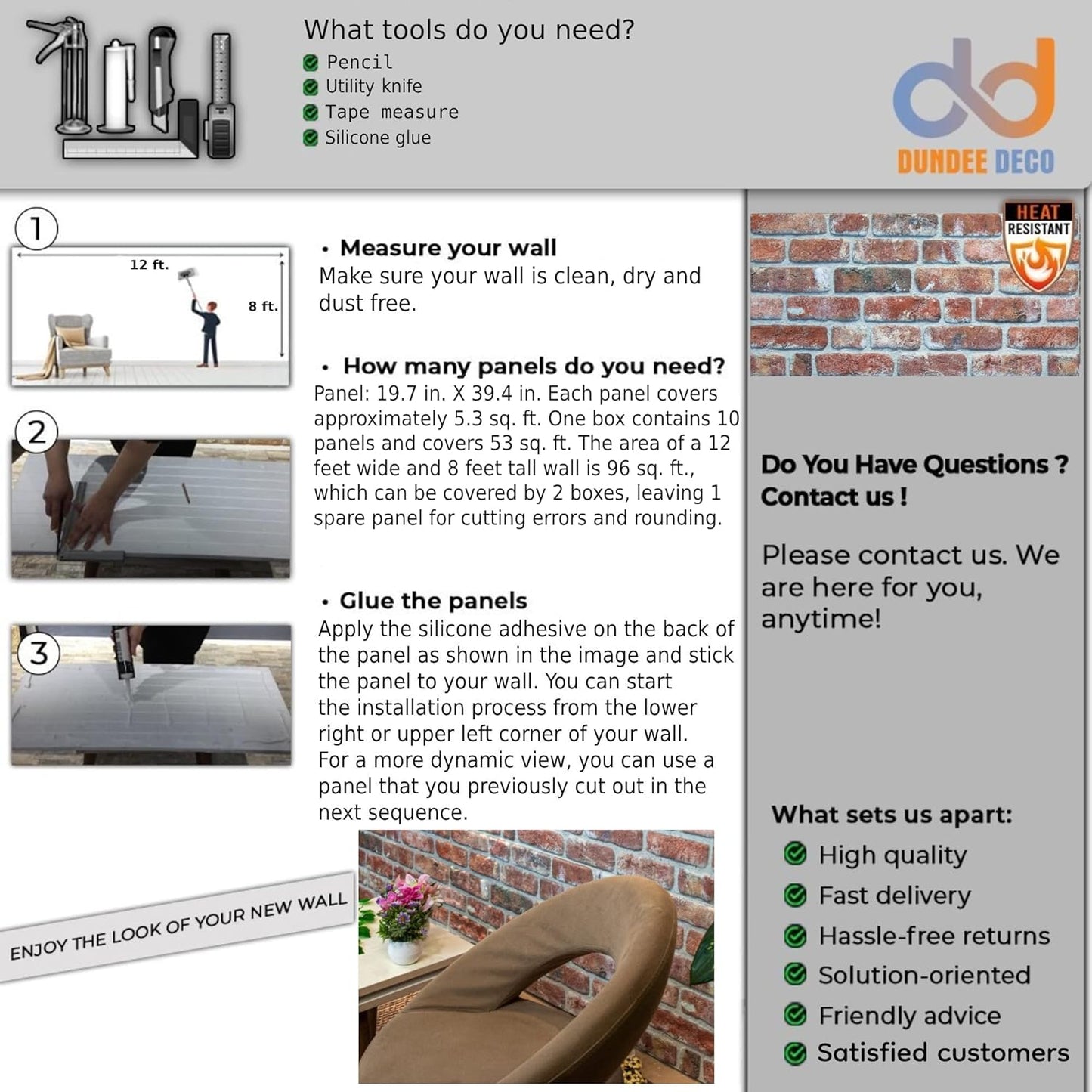 Dundee Deco 3D Wall Panels Faux Brick - Cladding, Red Brown Stone Look Wall Paneling, Styrofoam Facing for Living Room, Kitchen, Bathroom, Balcony, Bedroom, Set of 5, Covers 27 sq ft