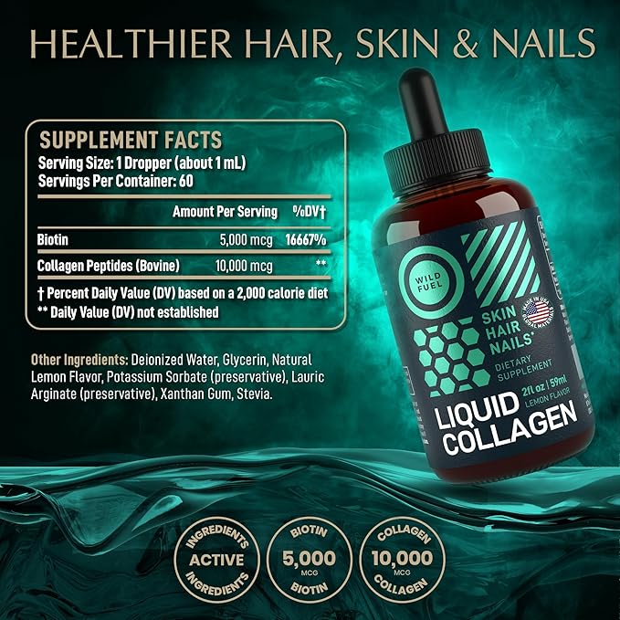 Liquid Collagen Peptides with Biotin Vitamins 10,000mcg Liquid 5,000mcg Biotin 2-Month - 2 oz
