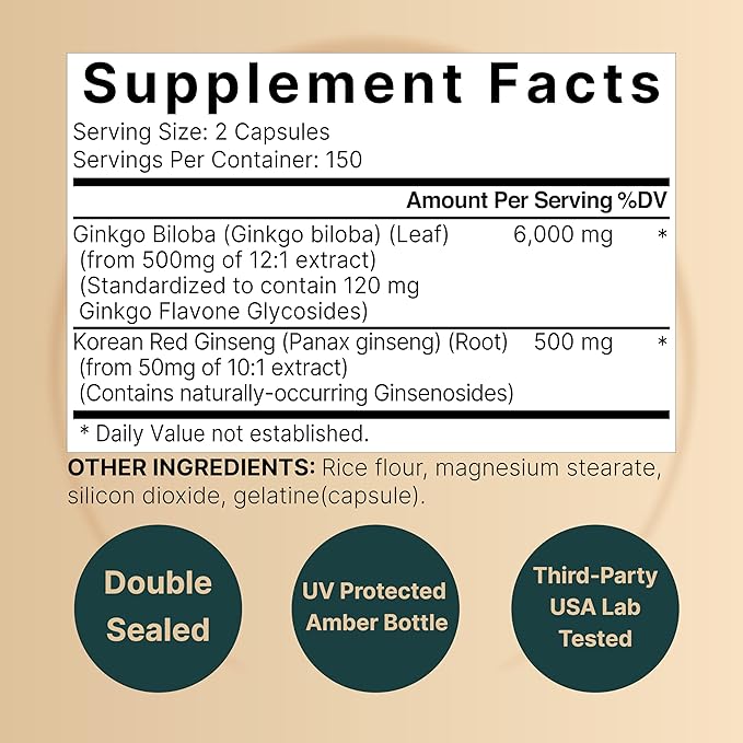 NatureBell Ginkgo Biloba 6,000mg with Panax 500mg Per 300 Capsules
