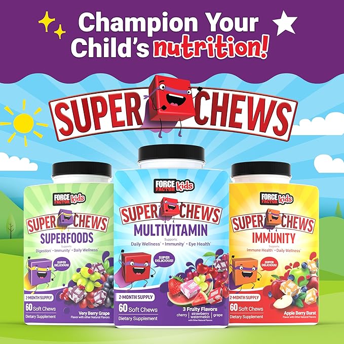 FORCE FACTOR Kids Multivitamin Super Chews, 18 Vitamins, 2-Month Supply, 60 Soft