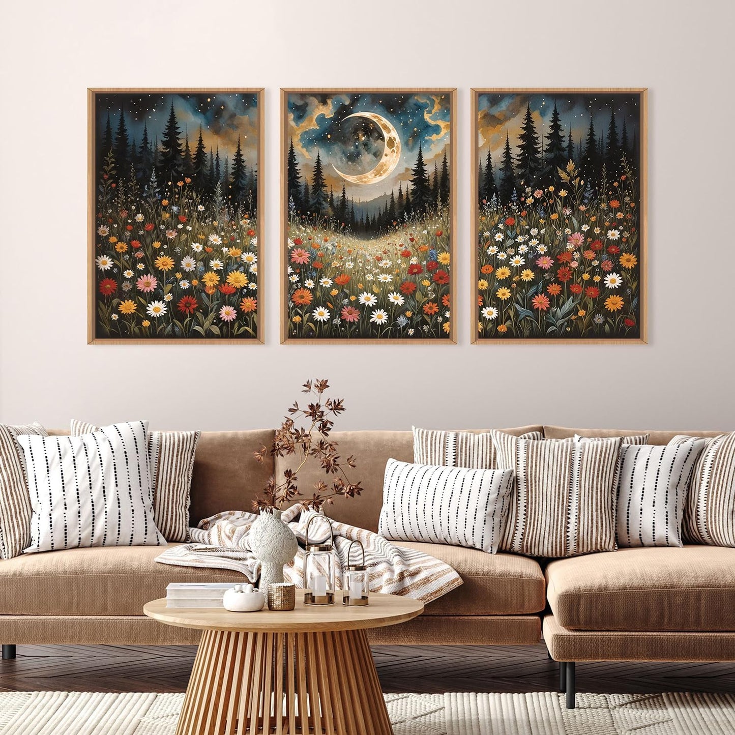 HPINUB Wildflower Moon Forest Framed Canvas Wall Art Set,Nature Pine Tree Wall Decor,Mystical Starry Night Artwork Rustic Mountain Landscape Art Print for Living Room,Bedroom,Office-16 x24 x3