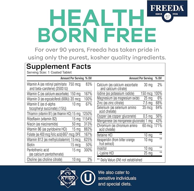 Freeda Senior Multivitamin - Kosher Vitamins for Men & Women 60 and Over - One Daily Coated Tablet - Women’s & Men’s Vitamins Multivitamin 60 Plus - Vitamins for Women Over 60 Plus Elderly (250 Count)