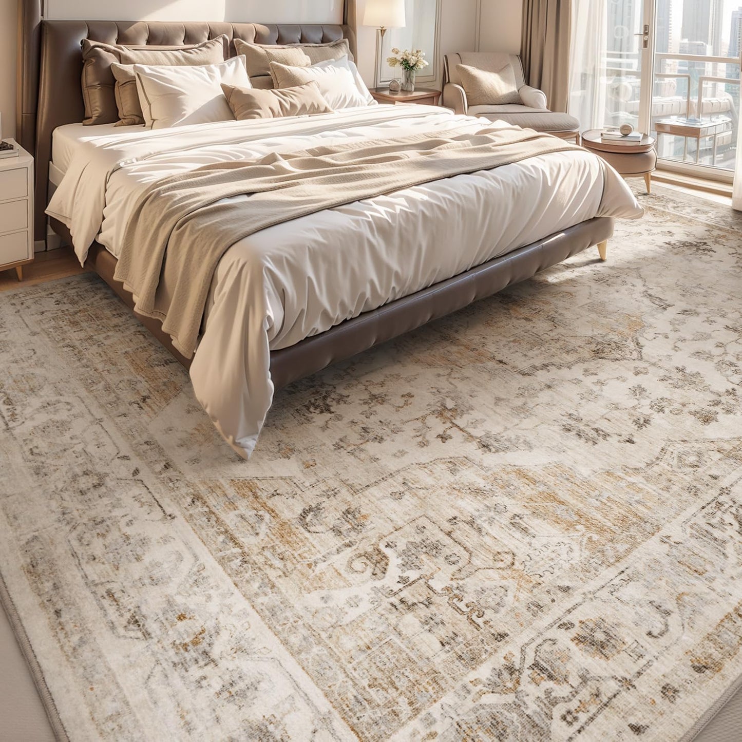 AMOAMI-Area Rug 9X12 Rugs for Living Room-Vintage Soft Beige Rugs for Bedroom-Non Slip Carpet-Washable Rug for Dining Room Living Room Bedroom Office Under Table