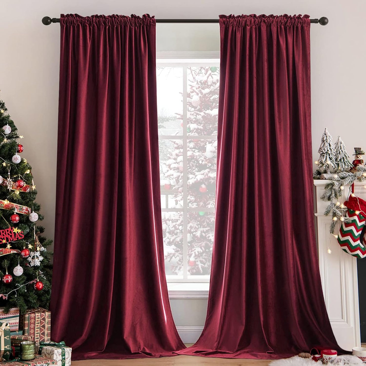 MIULEE Burgundy Velvet Curtains Thermal Insulated Blackout Curtain Christmas Drapes for Bedroom Living Room Darkening 63 Inches Long Curtains Panels Rod Pocket Set of 2