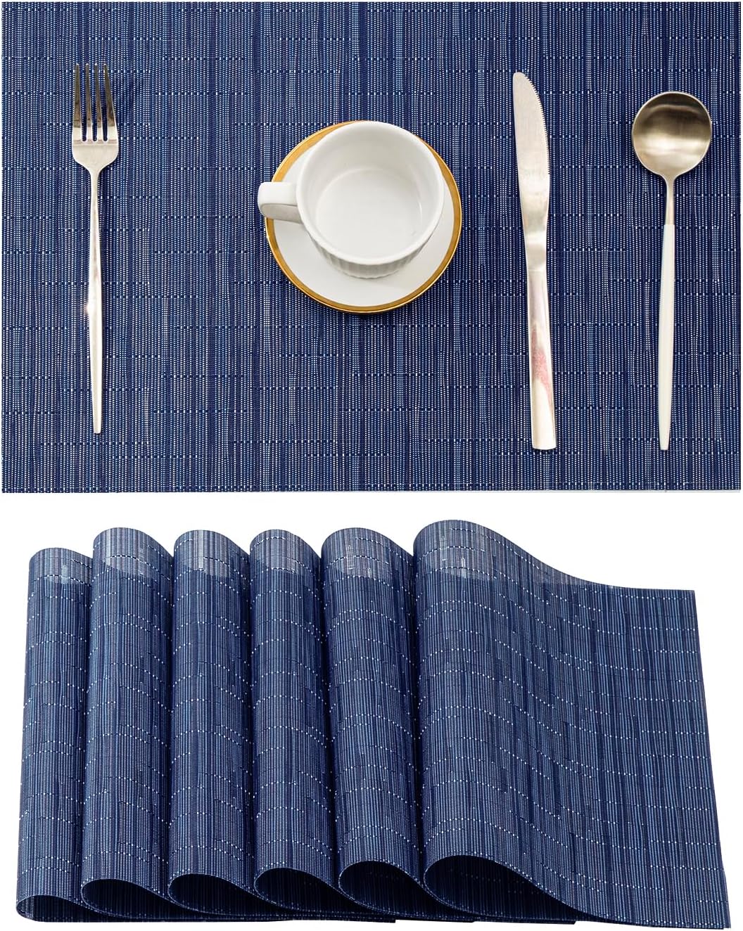 Leetaltree Blue Placemats Set of 6 - Heat Resistant Non-Slip Place mats for Dining Table, Washable Durable PVC Vinyl Woven Table Mats(Blue, 6)