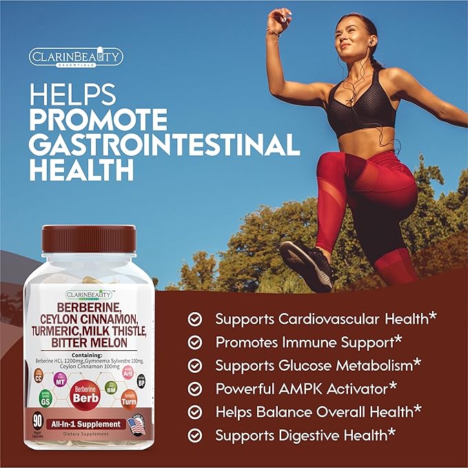 ClarinBeauty Premium Berberine 1200mg Ceylon Cinnamon 100mg Tumeric 50mg Milk 50mg Bitter 50mg Artichoke 50mg with 90 Capsules