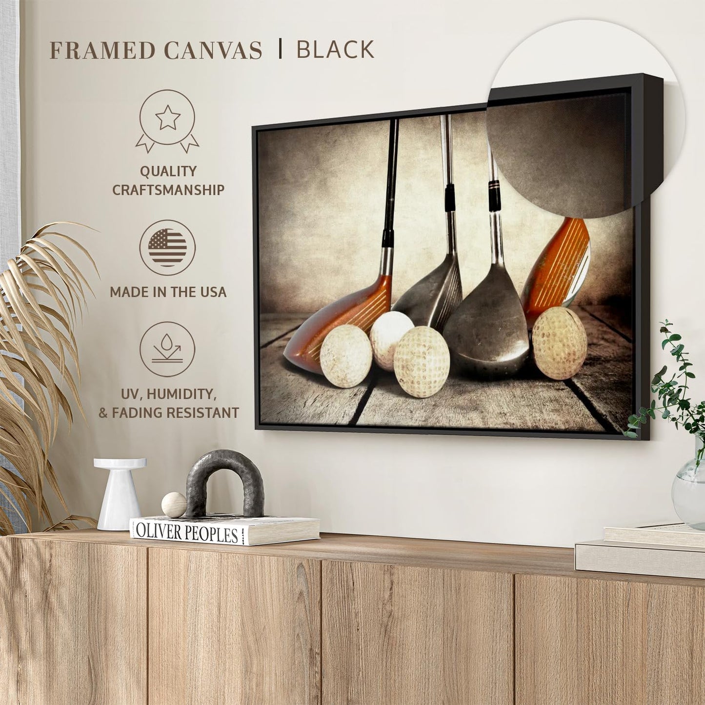 ElephantStock Golf Sets Wall Art - Horizontal Framed Canvas - 1-Piece Mancave Wall Decor - Photography Sports Canvas Print - Yellow and Brown Decor for Wall - 43" X 29"