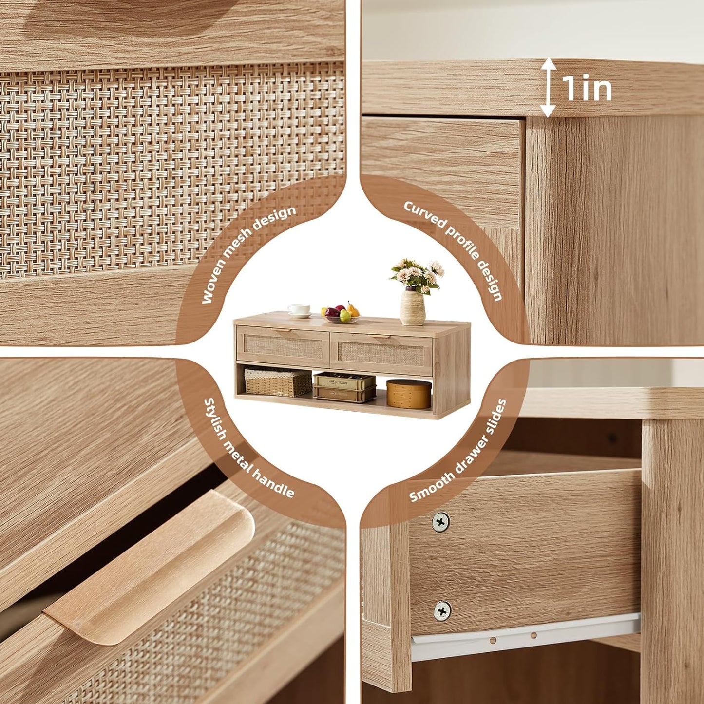 LEYAOYAO 48" Farmhouse Boho Rattan Coffee Table with 2 Woven Drawers,Rectangular Coffee Tables with Hidden Storage Compartment,Curved Profile Design,Wooden Center Table for Living Room,Natual Wood