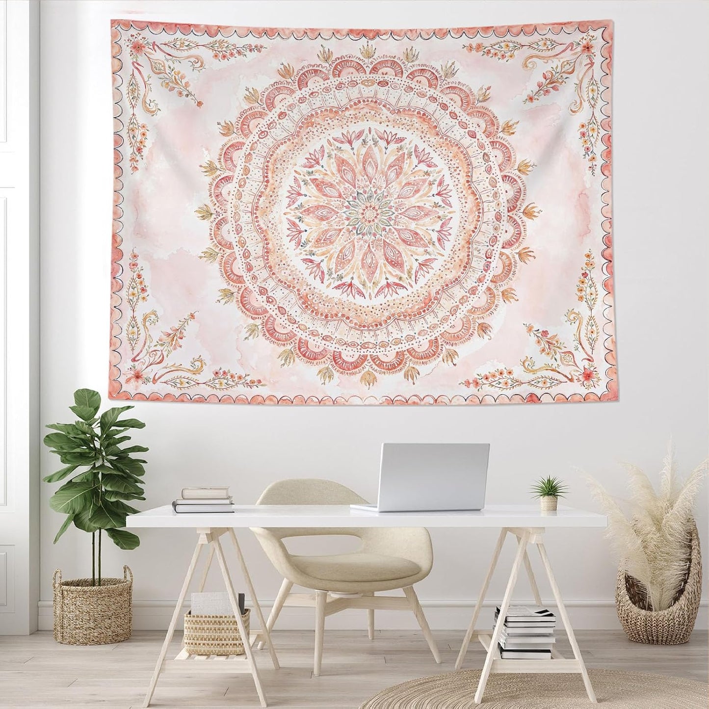 Fowocu Boho Floral Mandala Tapestry Wall Hanging Pink Bohemian Flower Medallion Tapestry Aesthetic Watercolor Hippie Indian Small Tapestries for Bedroom Living Room Dorm Decor 48 x 36 Inch