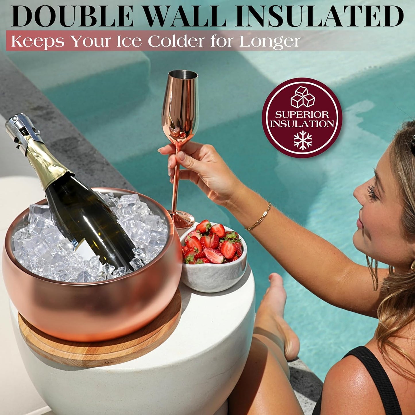 Gusto Nostro 4.1L Insulated Ice Bucket with Lid and Tongs, Double Wall Stainless Steel Ice Bucket Large, BPA Free Ice Bucket for Cocktail Bar, Keeps Champagne, Wine, Beer Chill for Parties (Rose)