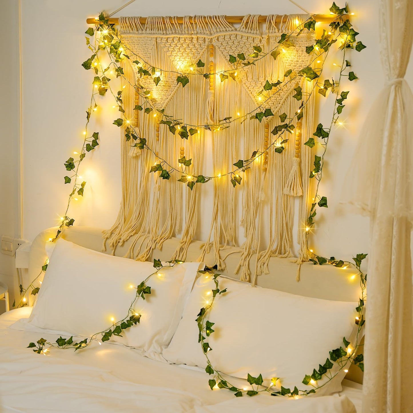 JMEXSUSS 100 LED Vines with Lights Plug in, Ivy Vines with Fairy Lights with Remote, 33 FT Leaf String Lights Waterproof for Room Bedroom Wall Fireplace Decoration(Warm White)