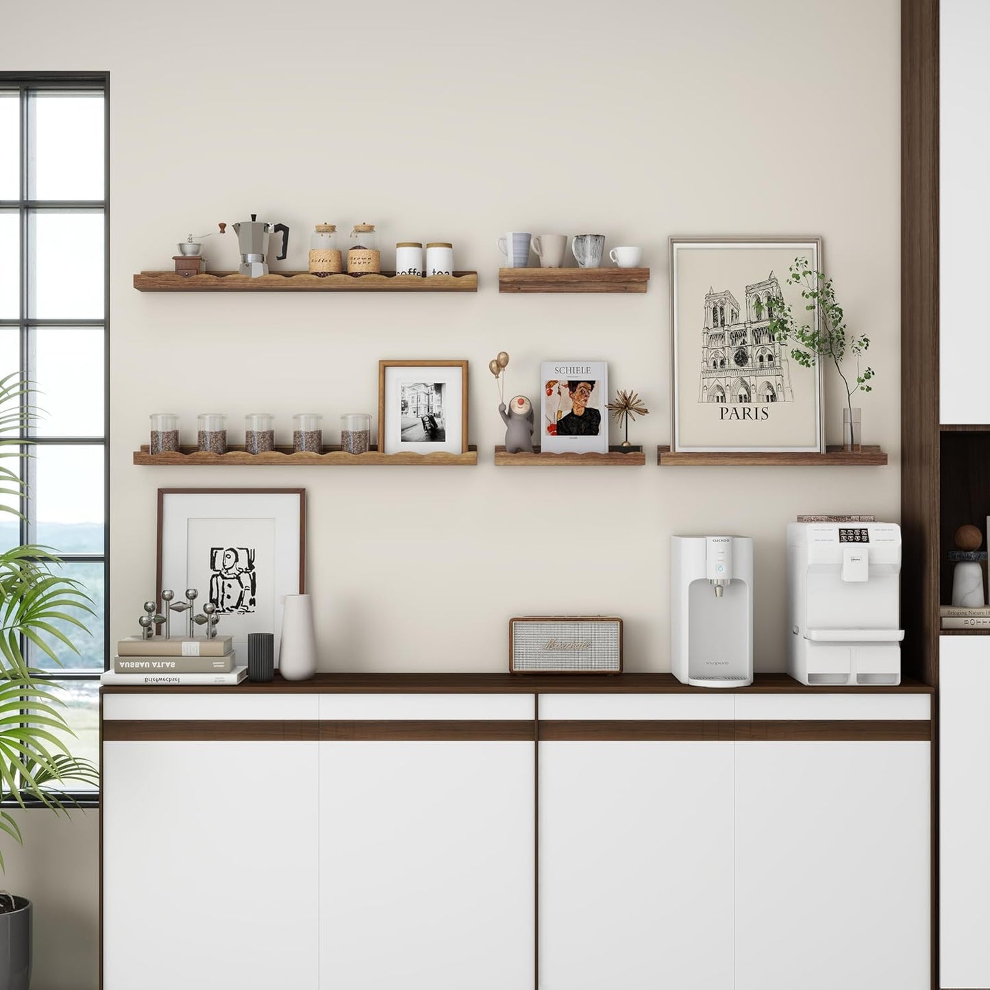 Fun Memories Picture Ledge Shelf for Wall, 36 inch Pine Wood Nursery Book Shelves Set of 2- Wall Book Shelves for Kids Room, Home Decor - Kitchen Spice-Carbonized