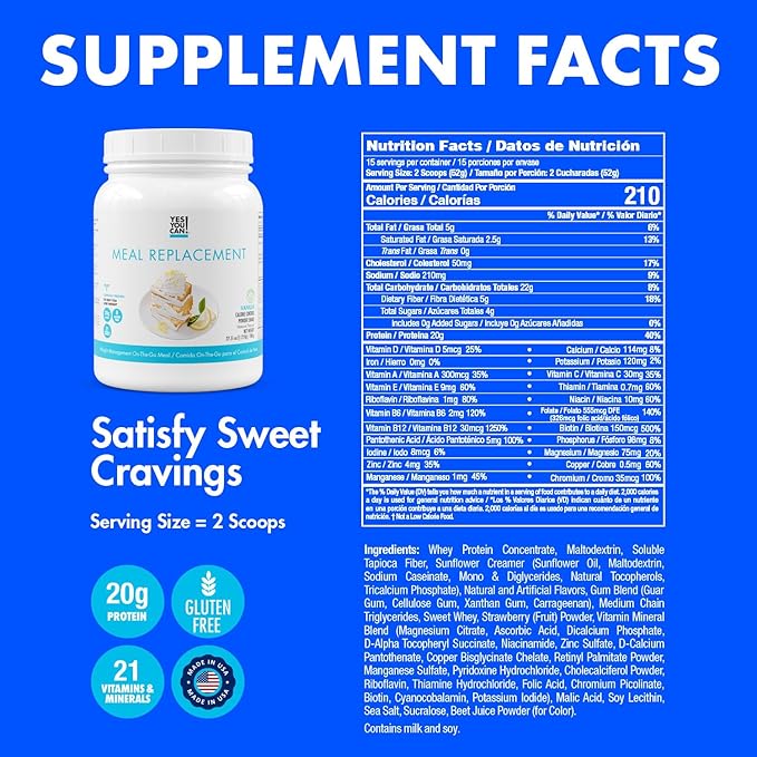 Yes You Can! Complete Meal Replacement Shake - 15 Servings (Vanilla) - Meal Replacement Protein Powder with Vitamins and Minerals, All-in-One Nutritious Meal Replacement Shakes (2 Pack)