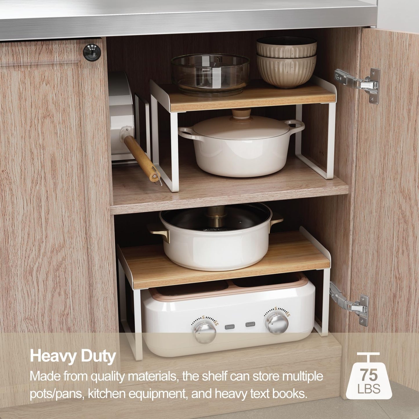 Mitus Shelf Organizer and Storage, Tiered Wood Cabinet Rack for The Kitchen Counter, Bathroom Counter, Pantry Cupboard, Office Desk Bookshelf, 16" Wide Natural and White (Large)