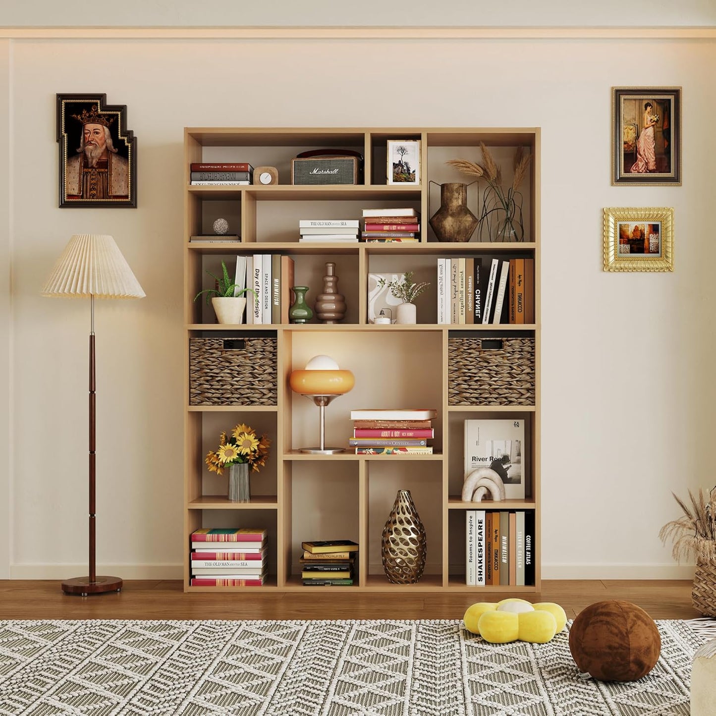 71" Tall 6-Tier Heavy Duty Bookcase with 2 Foldable Storage Baskets, 55" Wide Open Bookshelf with 16 Irregular Cubes for Living Room, Office (Yellow)