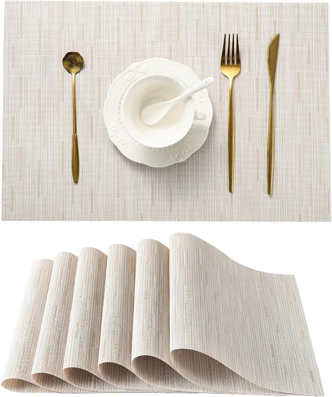 Leetaltree Pale Beige Placemats Set of 6 - Heat Resistant Non-Slip Place mats for Dining Table, Washable Durable PVC Vinyl Woven Table Mats(Pale Beige, 6)