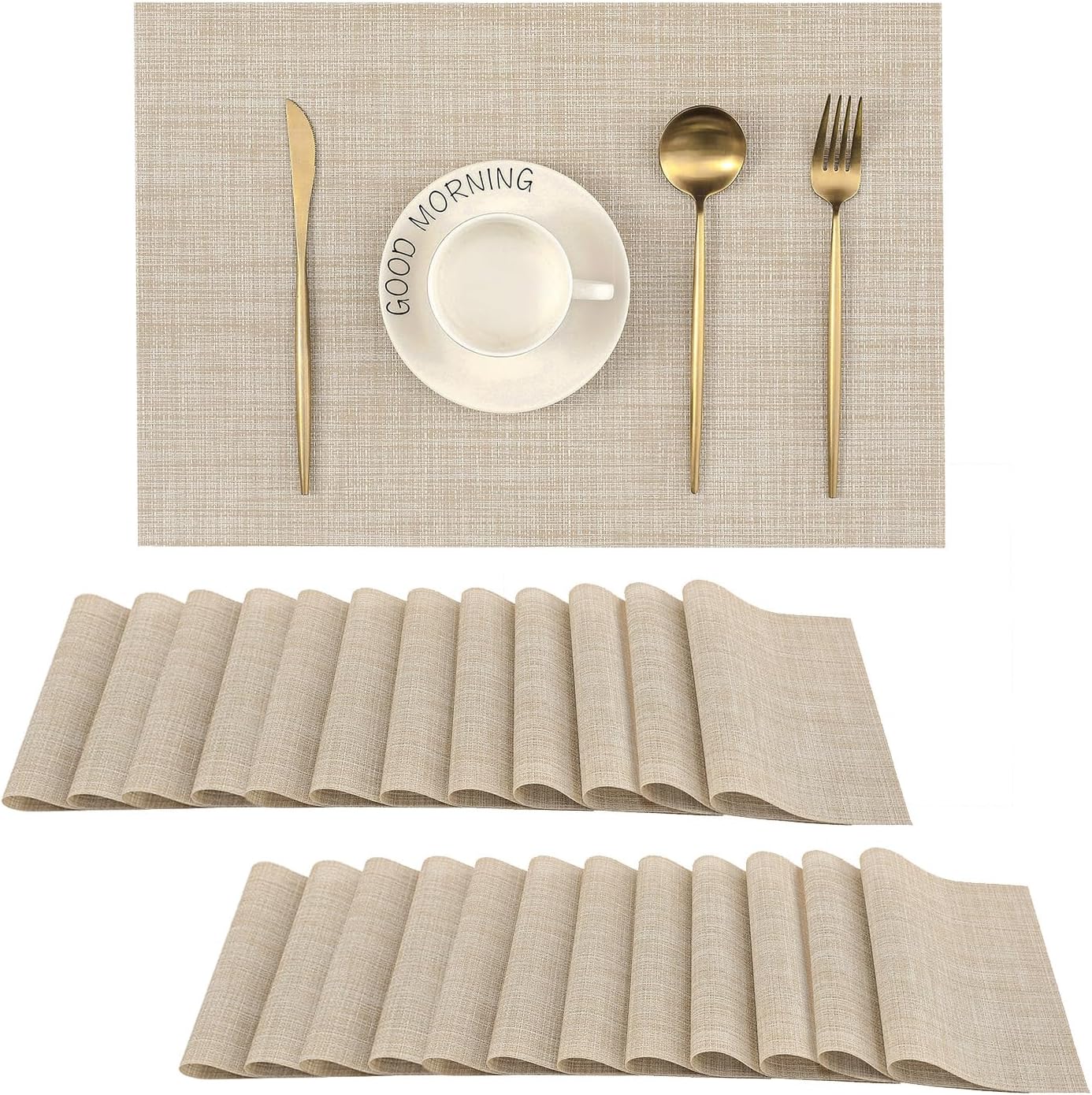 Leetaltree Beige Placemats Set of 24 - Heat Resistant Non-Slip Place mats for Dining Table, Washable Durable PVC Vinyl Woven Table Mats(Beige, 24)