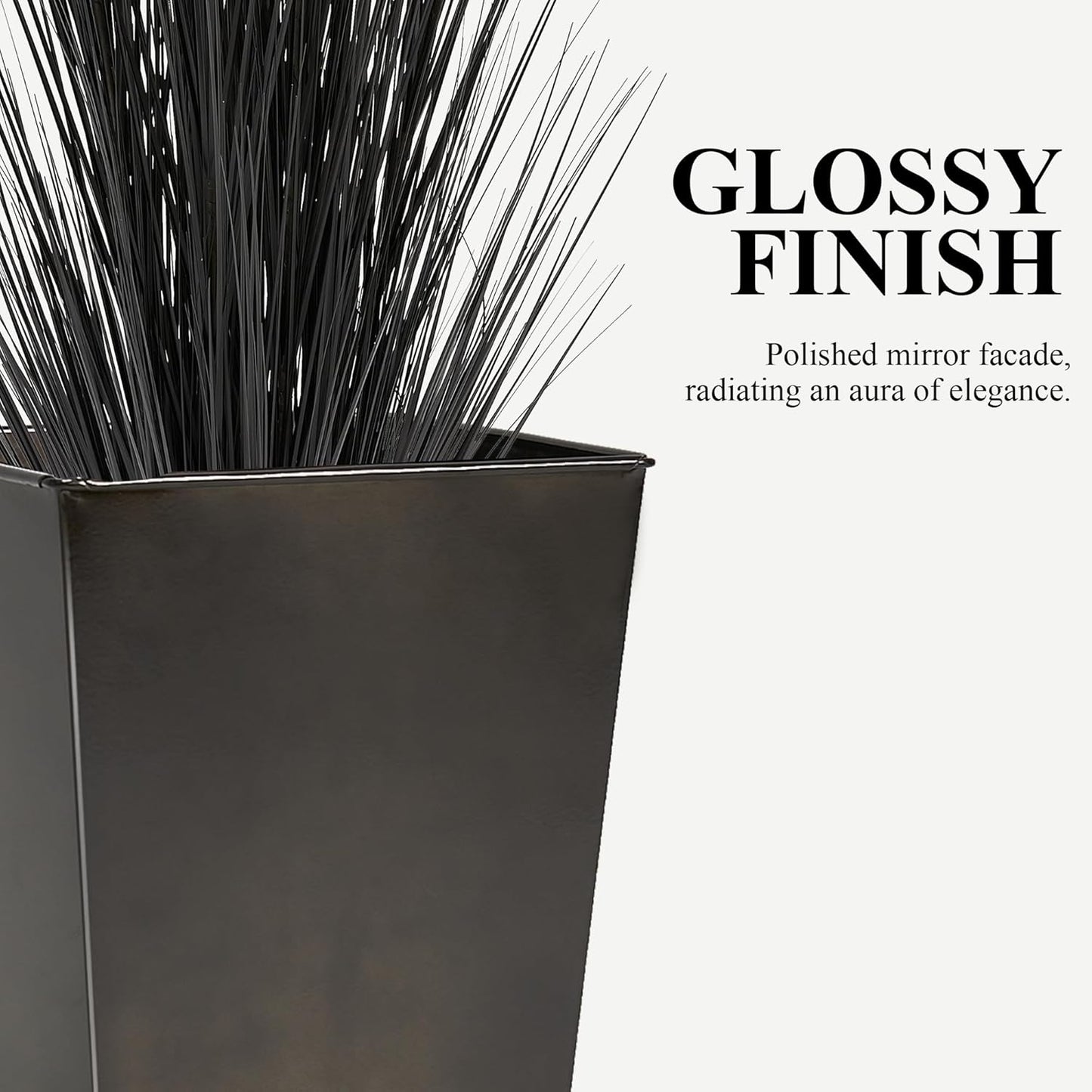 WORTH Garden 25" Large Metal Glazed Planter Set of 2, Luxurious Glossy Finish Black Tall Square Tapered Steel Plant Pots, Decor Flower Pot Indoor & Outdoor, Drainage Hole & Dual-Purpose Plant Saucer
