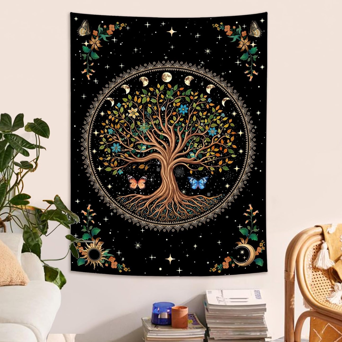 Lunerfex Tree of Life Tapestry Moon Phase Wall Tapestry, Green Tapestries for Bedroom Ceiling Tapestries Wall Hanging for Bedroom Living Room Decor Tree-4 44"x60"