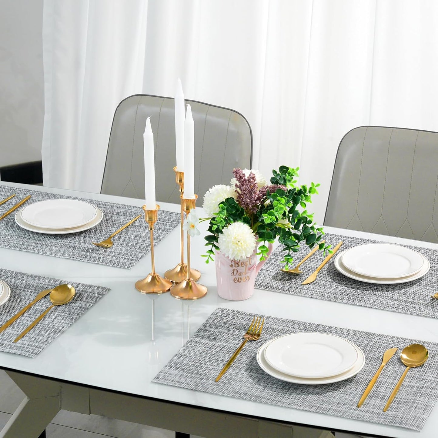 Placemats Set of 6,Non-Slip PVC Weave Table Mats Easy to Clean,Heat Resistant Place Mats for Kitchen Dining Table Decoration Indoor Outdoor,Gray