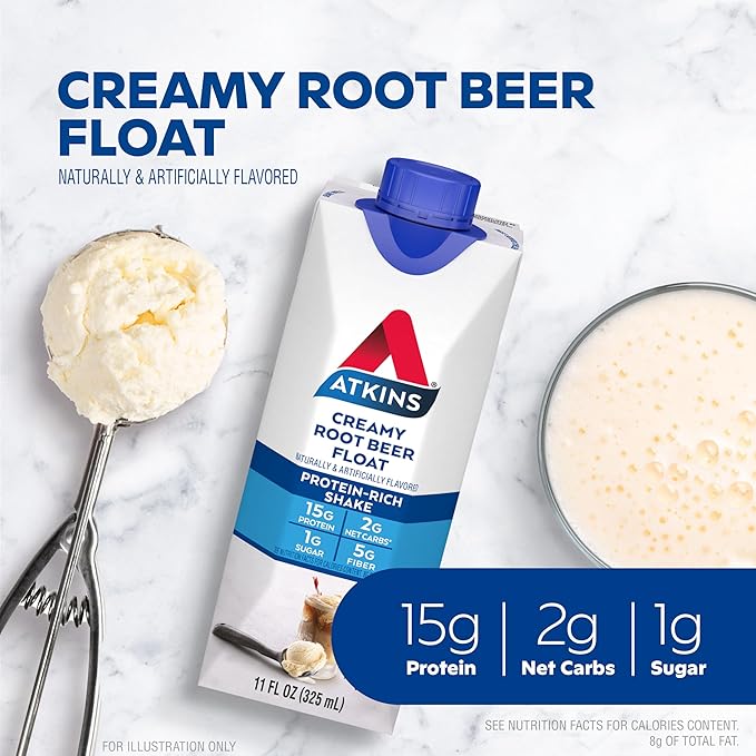 Atkins Protein Rich Shake, Creamy Root Beer Float, High Protein, Low Glycemic, Gluten Free Liquid, - keto, 12 Count (3 Packs each with 4 Shakes)