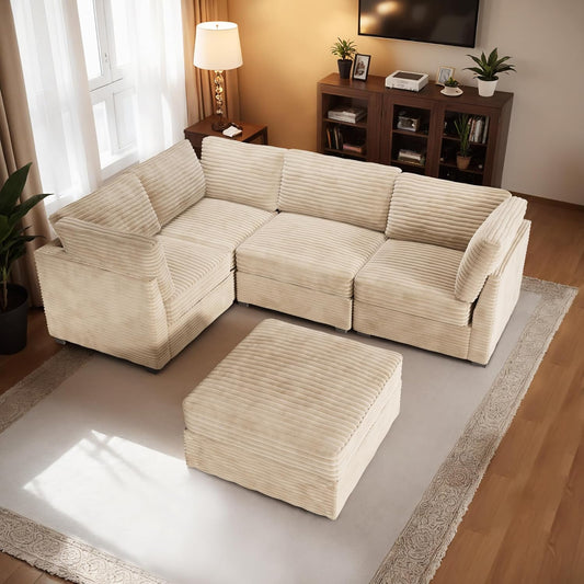 HOOOWOOO Modular Sectional Sofa,5 Pieces Sectional Couches for Living Room,98X66 L Shaped Cloud Couch with Ottoman Chaise Set(Beige Velvet Corduroy)
