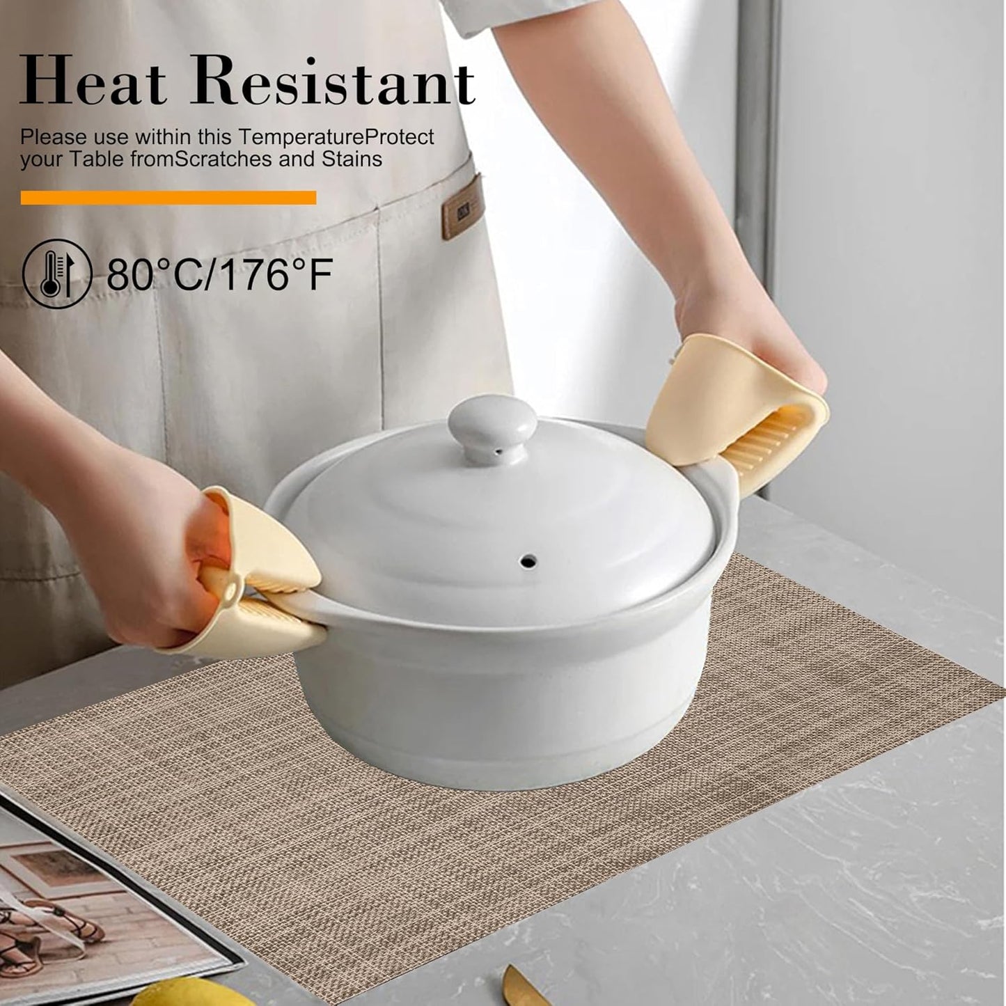 CADONO Placemats Set of 4 Washable Indoor/Outdoor Vinyl Place Mats for Dining Table Durable Non-Slip Heat Resistant PVC Weave Table Mats(Khaki)