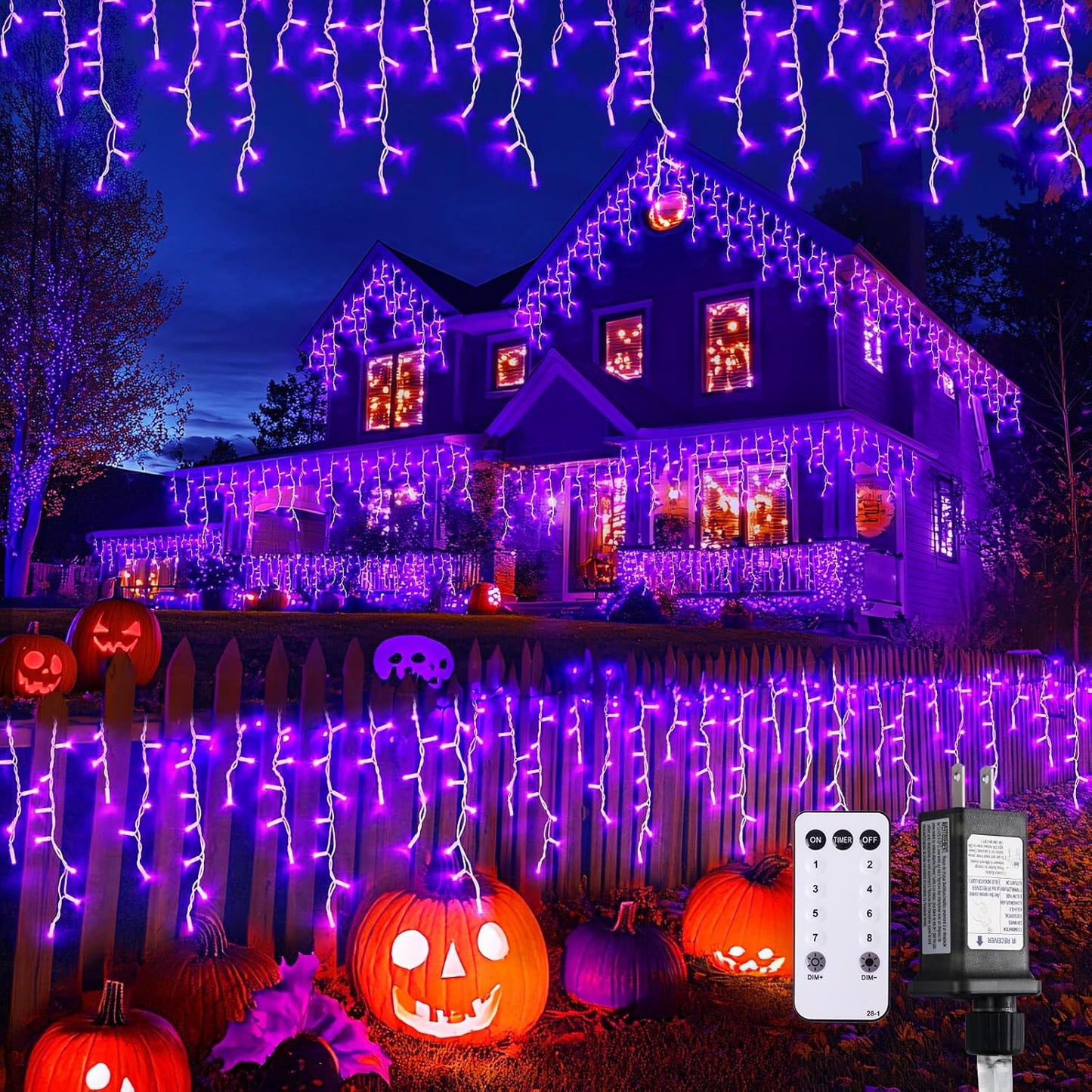 JMEXSUSS Purple Halloween Lights Outdoor, 800 LED Purple Icicle Lights Outdoor Waterproof, 8 Modes String Light Plug in for Fireplace Tree Garden Patio Halloween Decor