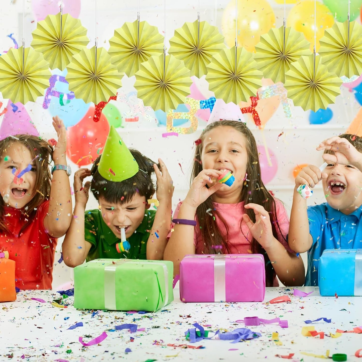 Yellow Hanging Paper Fans,Yellow Accessories Paper Decorations for Party,Color Party Decorations,Bee Themed Classroom Decor,8in Hanging Paper Fans 30 Color DIY Set (Light Yellow)