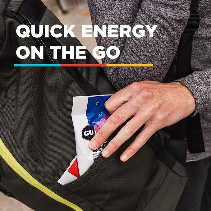 GU Energy Chews, Strawberry Energy Gummies with Electrolytes, Vegan, Gluten-Free, Kosher, 20 mg of Caffeine, and Dairy-Free On-the-Go Energy for Any Workout, 12 Bags (24 Servings Total)