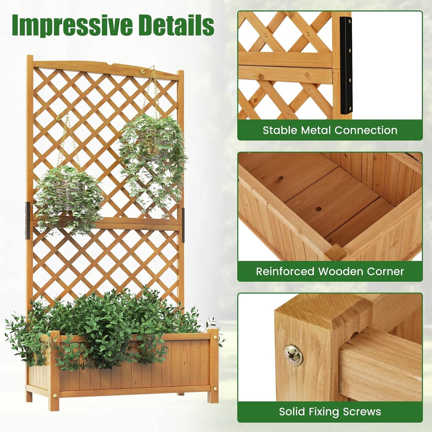 HAPPYGRILL 2 Pcs Raised Garden Bed, 71" Garden Planter with Trellis, Drainage Holes, Freestanding Garden Planter for Vine Climbing Plants, Wooden Planter Box for Yard Balcony (Yellow)