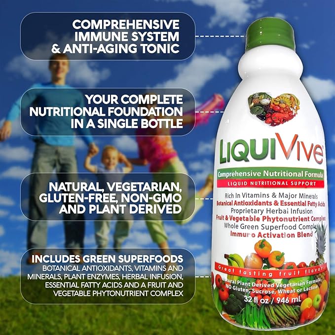 LiquiVive Liquid Vitamins Mega Nutrition D3 A B12 E 99.9% Vegan 32 fl