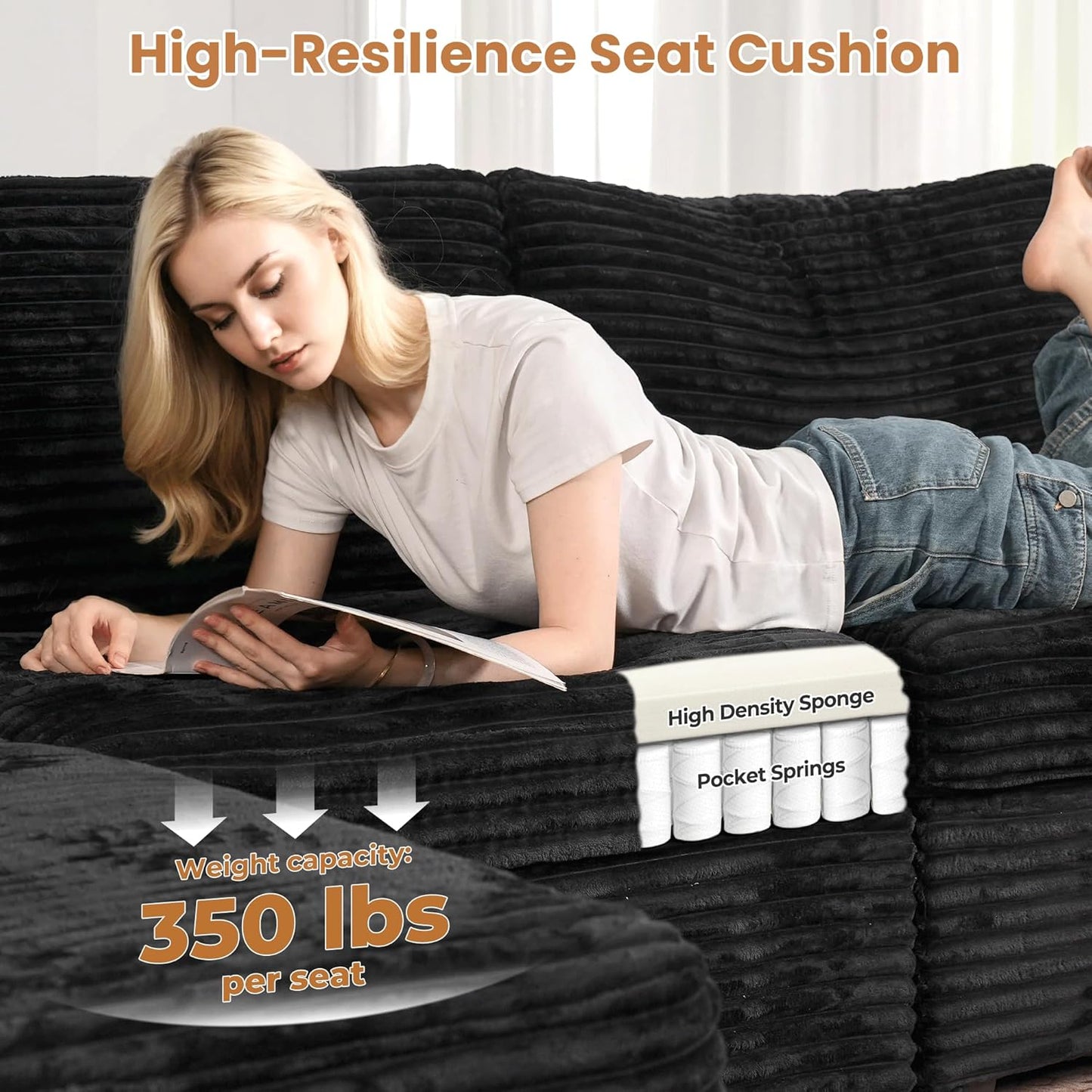 ovios Sectional Sofa Couch with L-Shape Chaise Convertible, Comfy Modular Cloud Couches with Deep Seat, Modern Upholstered Plush Corduroy Sofas Set for Living Room, 5-Seater, Black