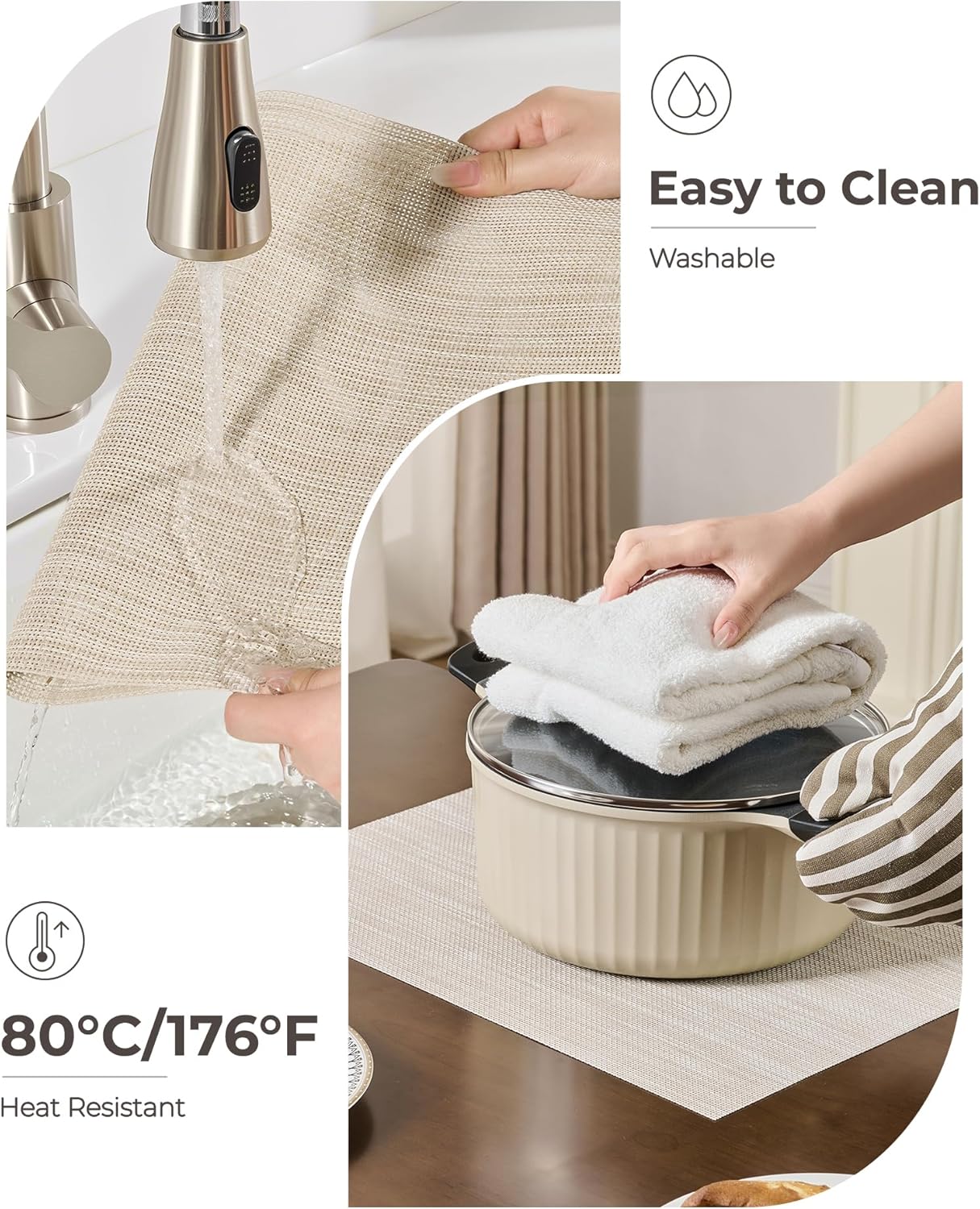 Leetaltree Beige White Placemats Set of 6 - Heat Resistant Non-Slip Place mats for Dining Table, Washable Durable PVC Vinyl Woven Table Mats(Beige White, 6)