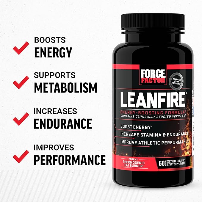 FORCE FACTOR LeanFire Pre Workout Energy Pills with Green Tea Extract and Caffeine to Increase Energy, Build Lean Muscle, Black, 60 Count (Pack of 1), Package May Vary