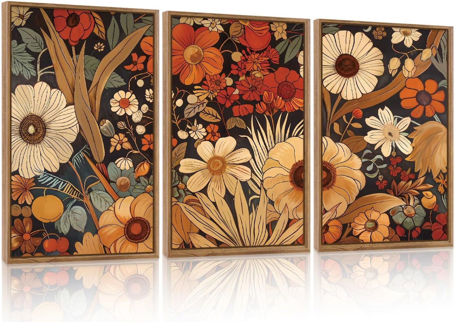 Aurlan Boho Burnt Orange Terracotta Wildflowers Framed Wall Art(24"x36"), 3 PCS Abstract Floral 3D Textured Canvas Artwork, Large Modern Vintage Botanical Nature Art Wall Decor for Home Office Living Room Bedroom