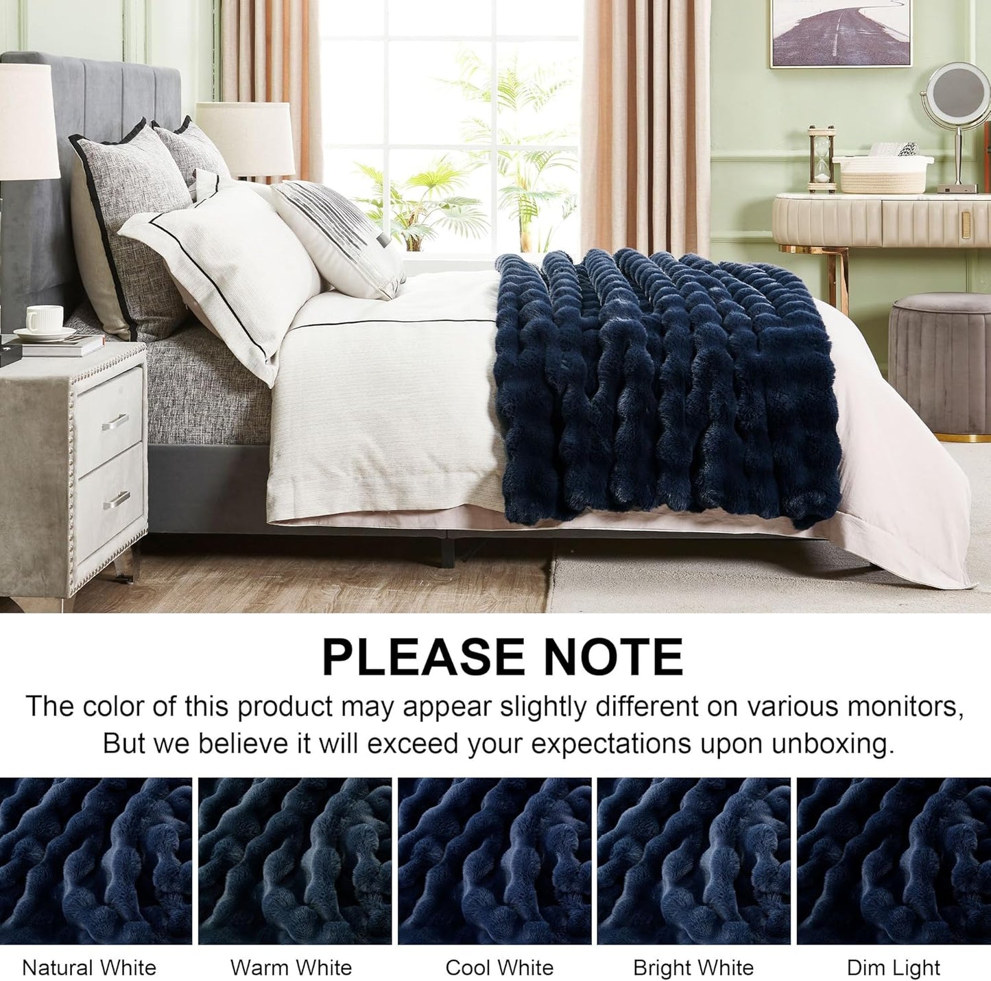 DREAMNINE Large Soft Thick Fuzzy Bubble Faux Rabbit Fur Blanket Full Size 70" x 80",Double Sided Comfy Plush Warm Shaggy Fluffy Blankets, Luxury Big Cozy Cute Textured Furry Blanket for Bed, Navy Blue