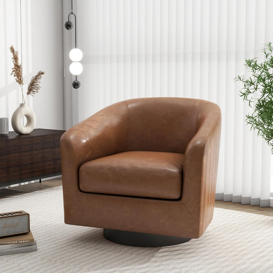 Swivel Barrel Accent Chair, Modern Round Faux Leather Arm Chair for Living Room, Bedroom, Comfy Club Reading Chairs for Adults-Faux Leather, Brown, Set of 1