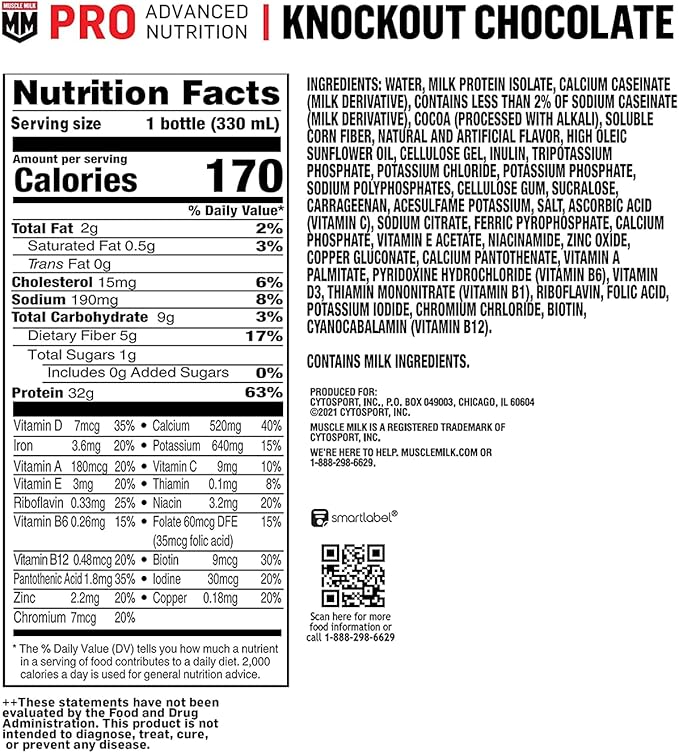 Muscle Milk Pro Advanced Nutrition Protein 11.16 Fl 12), 32g 32g Protein, 1g Sugar, 16 Vitamins 5g Fiber,