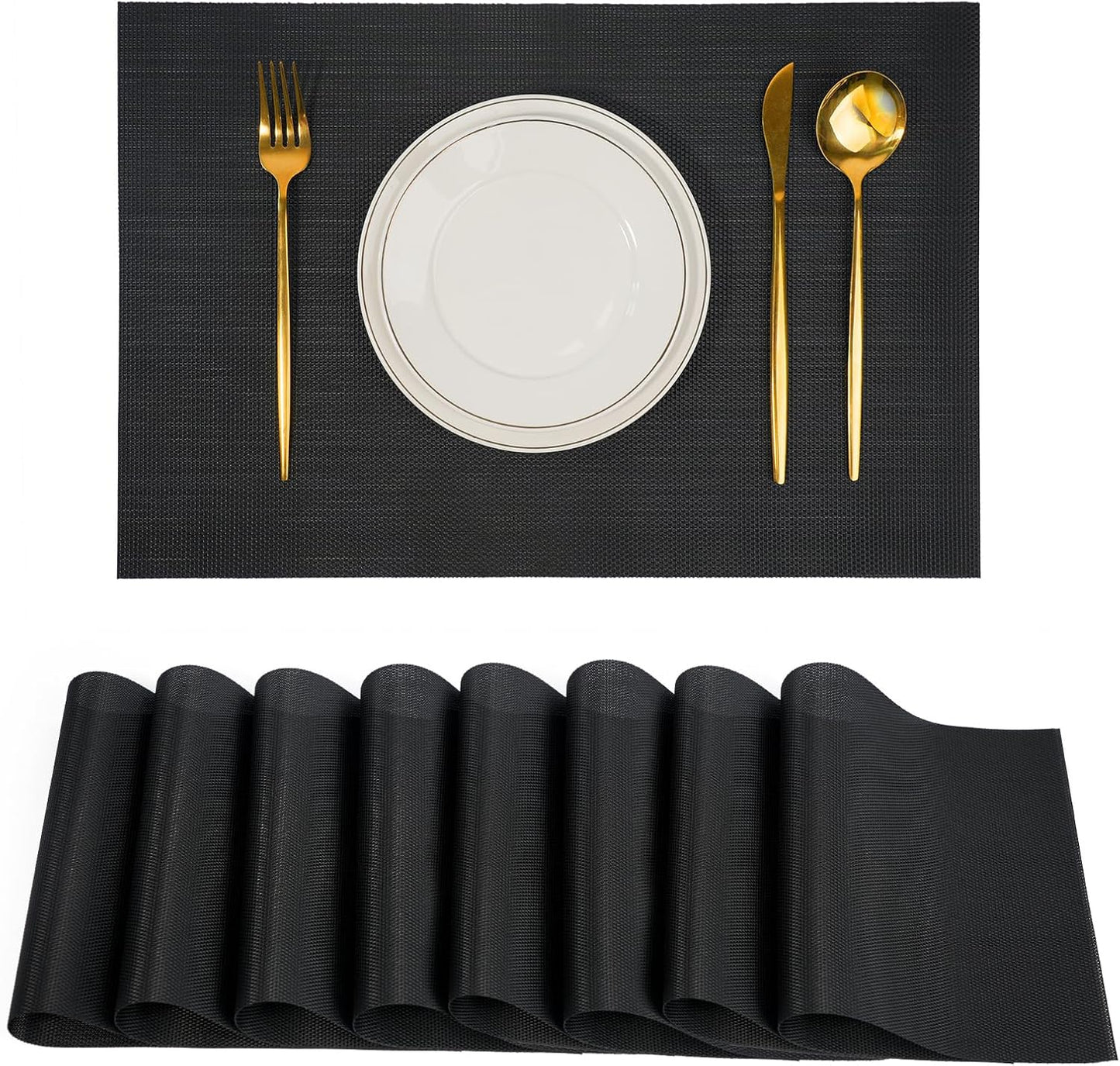 Placemats Set of 8,Non-Slip PVC Weave Table Mats Easy to Clean,Heat Resistant Place Mats for Kitchen Dining Table Decoration Indoor Outdoor,Black