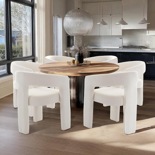 White Chenille Dining Chairs Set of 6, Modern Barrel Dining Room Chairs Upholstered Accent Chair with Arms and Round Back for Living Room Kitchen Armchair No Assembly Needed