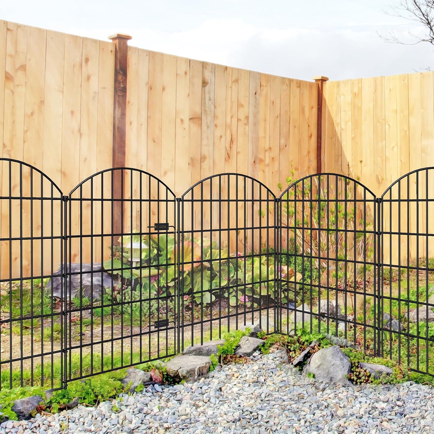Metal Garden Fence with Gate 42in (H) x 23.3ft (L), 1 Gate+ 9 Panels Dog Fence Border Fence Animal Barrier, No Dig Garden Fencing for Yard Flower Bed Lawn Patio Outdoor, ECG4210, Black