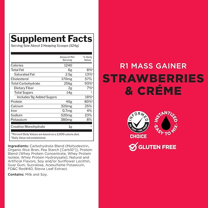 Rule One Proteins, Mass Gainer-Strawberries & Crème, High-Calorie Weight Gain Formula w/ 1,220+ Calories, 250g+ Complex Carb Blend, 40g All-Whey Protein, 8g Fat Per Serving, 12 Pounds, 16 Servings