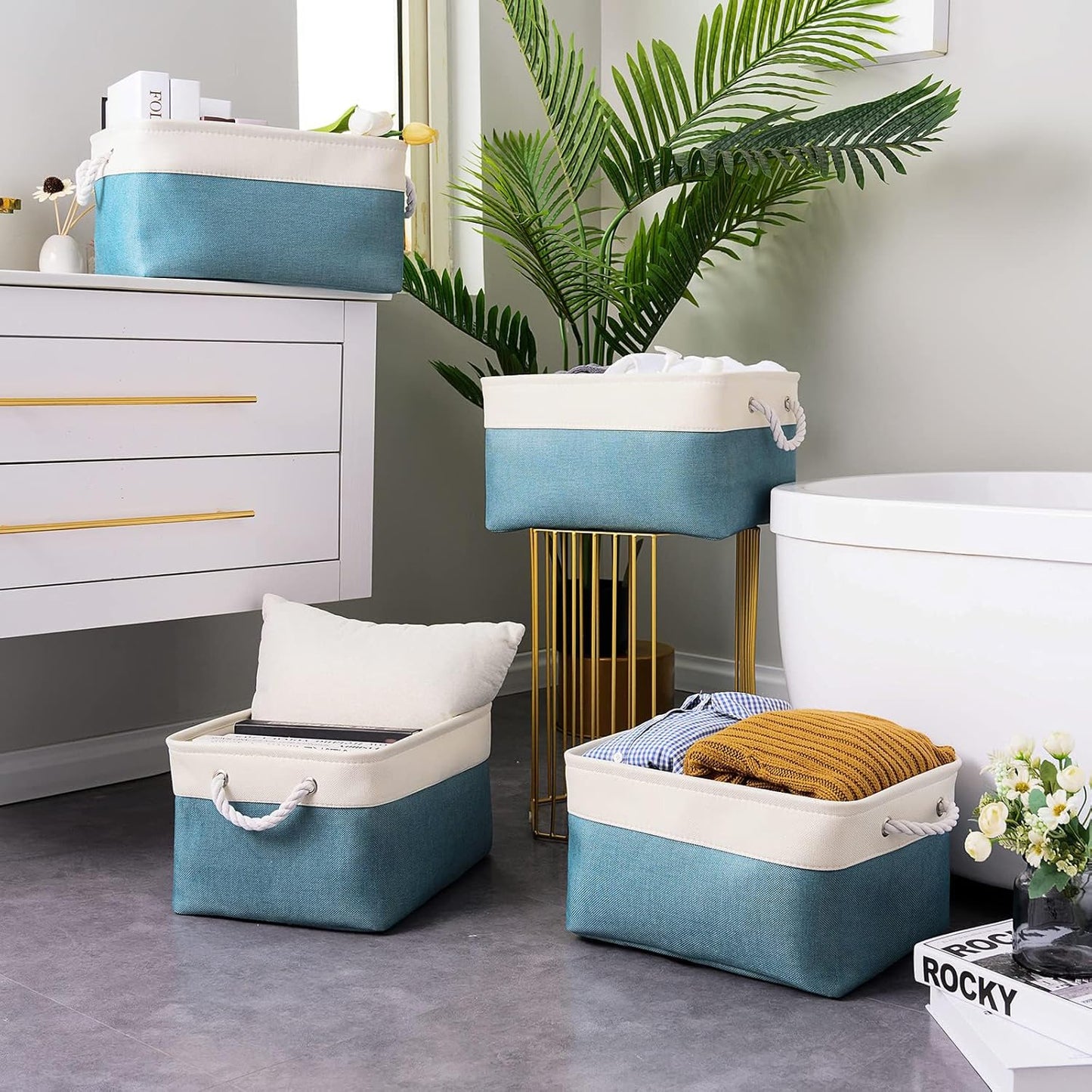 TheWarmHome Fabric Storage Bin with Handles,Storage Basket for Home Storage and Organization, Shelf Basket with Cover for Living Room Bedroom Closet(White & Green Large,15.7L*11.8W*8.3H