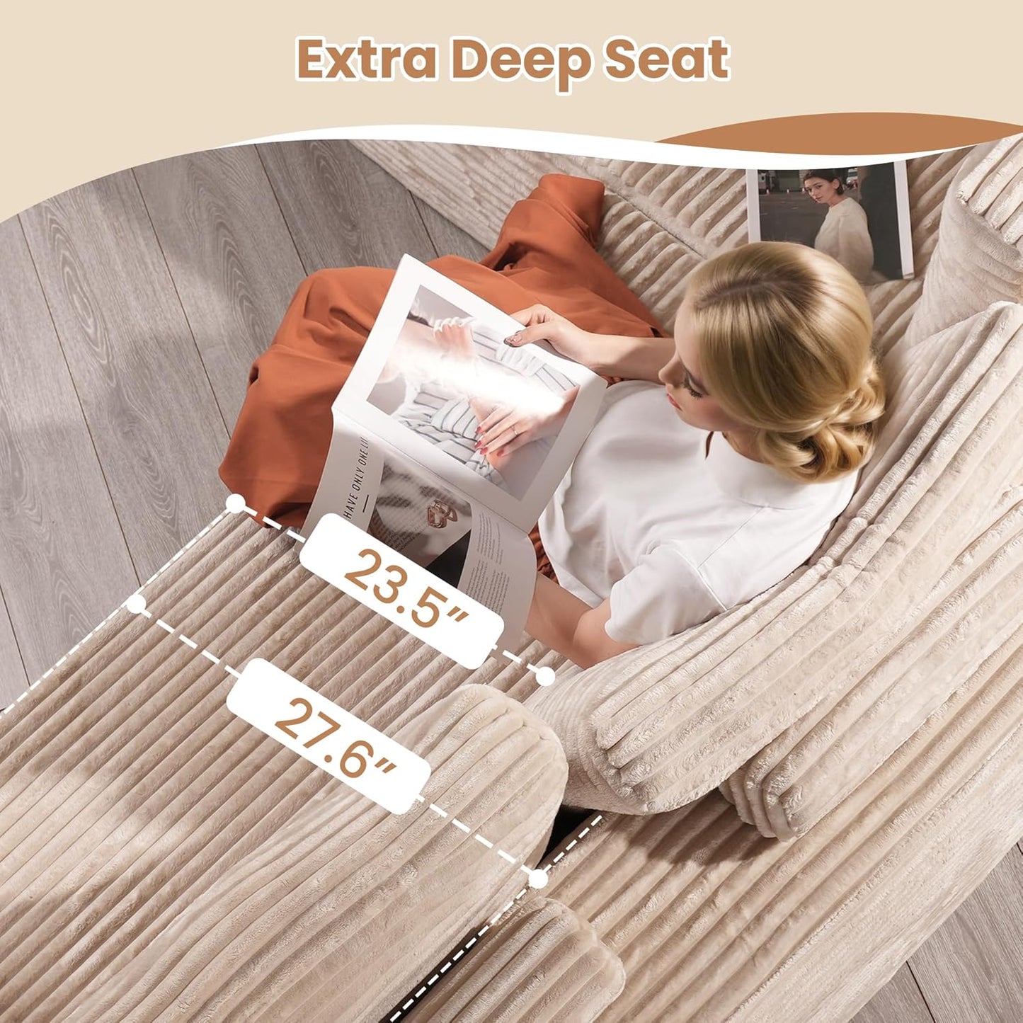 HOOOWOOO Cloud Sectional Couches for Living Room,Modular Sectional Sofa No Assembly,Plush Corduroy Large Floor Couch Furniture Set with Deep Seat Left L Shape and Chaise Lounge(Beige)