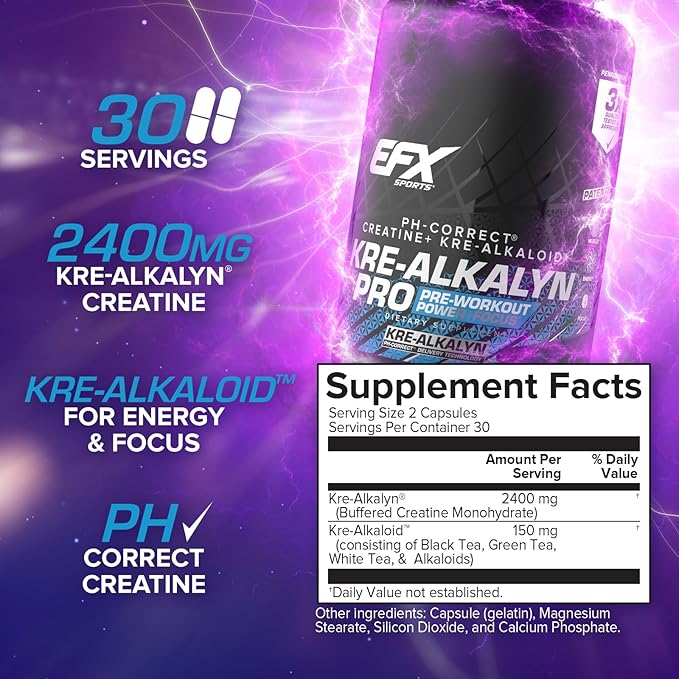 EFX Sports Kre-Alkalyn Pro | pH Correct Creatine Monohydrate Pill Supplement | Muscle Building Pre Workout for Men & Women | 30 Servings, 60 Capsules