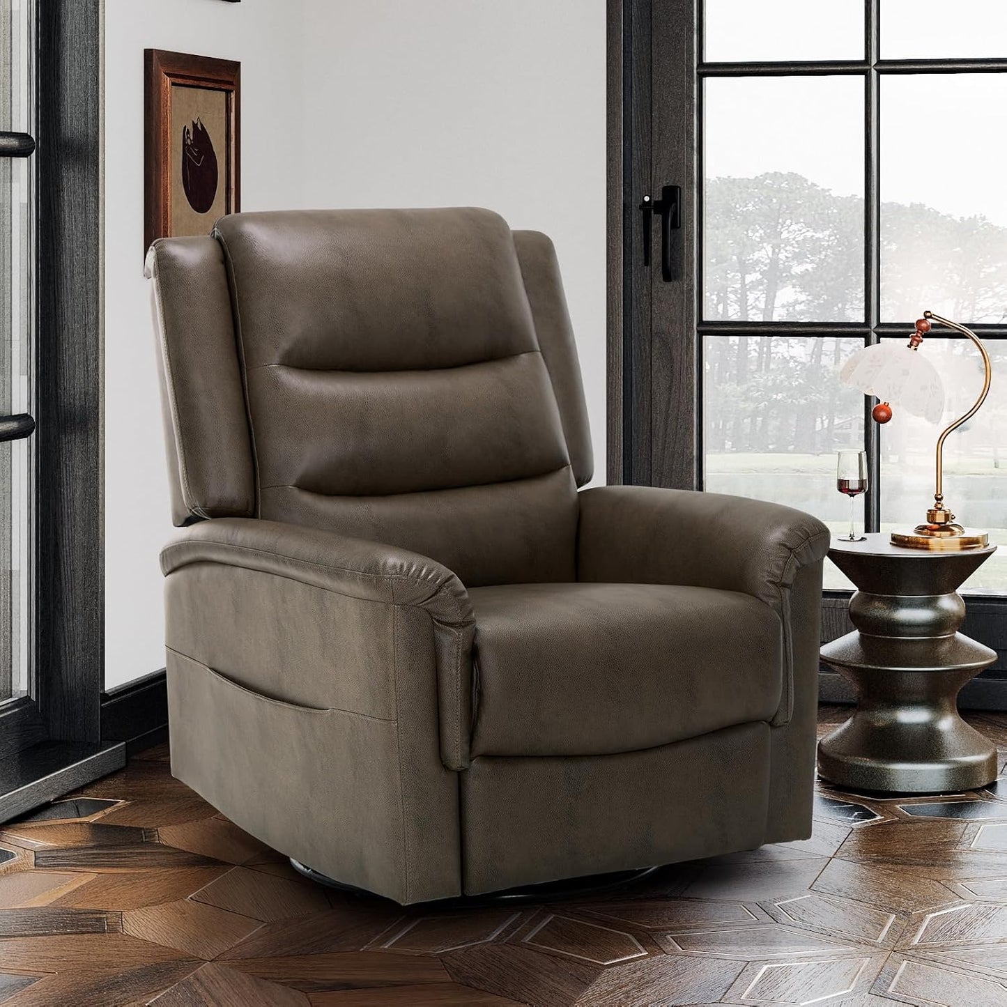 COLAMY Oversized Leather Recliner Chair, 360°Swivel Rocking Manual Recliner with Thick Cushioned Padding Backrest and Wide Seat - Lightbrown