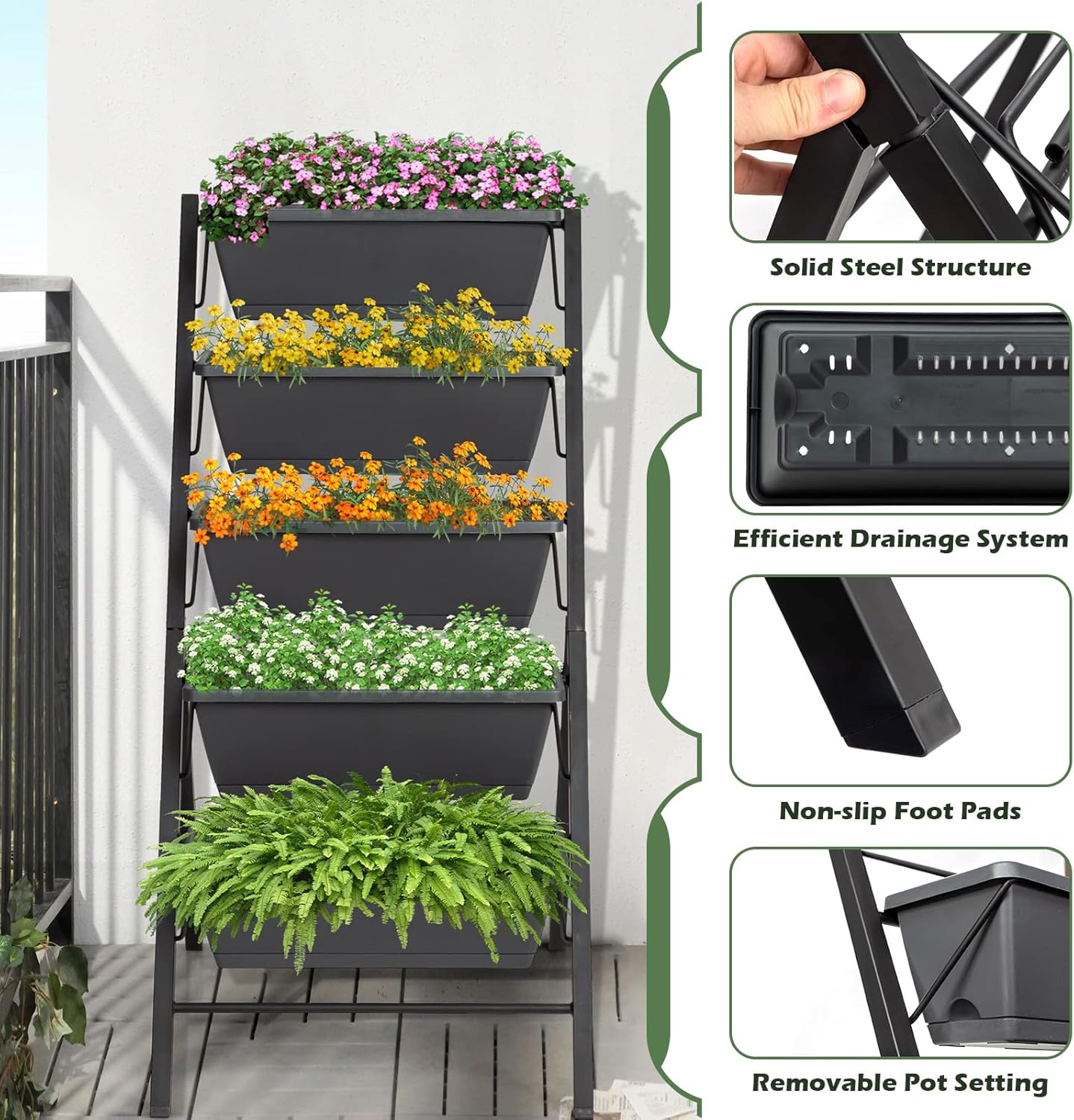 S AFSTAR 5-Tier Vertical Garden Planter, 5-Layer Raised Garden Bed with 5 Detachable Planter Boxes & Metal Frame, Indoor Outdoor Elevated Planting Containers for Flower Vegetables Fruit Herbs
